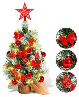 Obrázek produktu pro Mini vánoční stromeček Vigevee, výška 40 cm, červený, s 30 LED světýlky, dřevěná podstavec a vánoční ozdoby, vhodný jako dekorace na stůl do interiéru