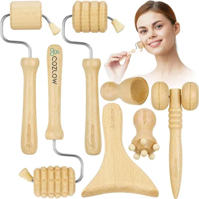 Obrázok produktu pre Sada na masáž tváre, drevená, 7-dielna, nástroje Gua Sha na lymfodrenáž