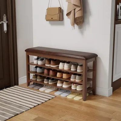 Immagine prodotto di Panca porta-scarpe con cuscino, 2 ripiani, 100 cm, legno noce, cuscino per seduta in pelle