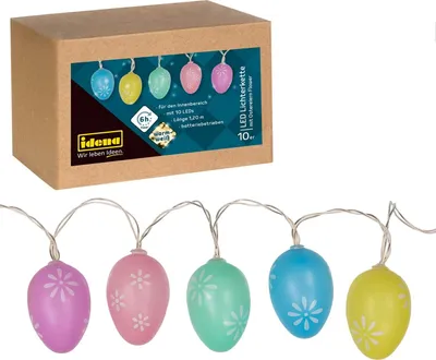Obrázok produktu pre Idena 31273 - LED rozprávkové svetlá Veľkonočný kvet s 10 teplými bielymi LED diódami v zdobených farebných veľkonočných vajíčkach, napájané batériami, s funkciou 6-hodinového časovača, dlhé približne 1,2 m, ako dekorácia na Veľkú noc