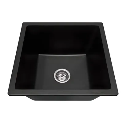 Obrázok produktu pre Kuchynský drez, vstavaný drez z čierneho granitu 45x45 + sifón ANW HOME Granitový kuchynský drez 45x45 cm, čierny – vstavaný kuchynský drez z granitu, drez s 1 umývadlom