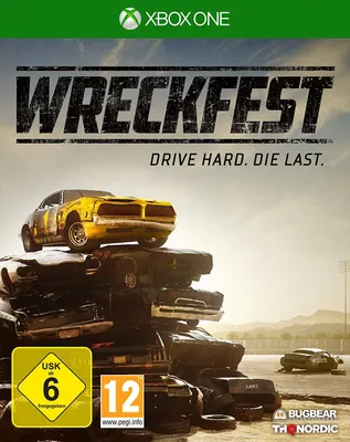 The cover art for the video game Wreckfest on Xbox One, featuring a pile of wrecked cars with a yellow car on top.