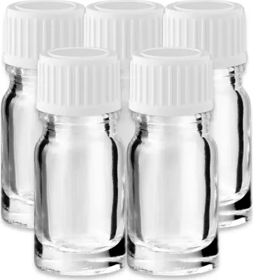 Produktbild von 5x Klare Glasflasche 5 ml mit weißem Kunststoff Schraubverschluss leer