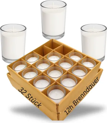 Produktbild von Candelo Votivkerzen 32 Kerzen im Glas -  Weiße Stilvolle Tischkerzen - 12 Stunden Brenndauer ohne Duft für Dekoration Hochzeit, Geburtstag, Partys