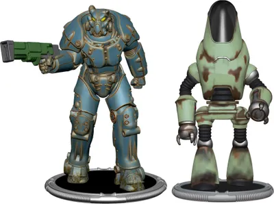 Two Fallout minifigures, a Power Armor and a Protectron, are displayed against a white background.