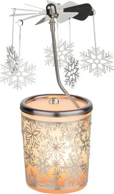 Produktbild von Gläserne Weihnachtsteeleuchter im Karussell-Design – mit Schneeflockenmuster – Höhe 15 cm – Inklusive Teelicht – Advents- und Weihnachtsdekoration