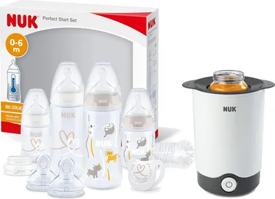 Produktbild von NUK Thermo Express Plus Flaschenwärmer | schonendes Erwärmen von flüssiger und breiförmiger Nahrung in 90 Sekunden | automatische Abschaltung | EU-Stecker & 12-V-Reiseadapter + NUK First Choice+ 3er Set – Blau/Weiß, BPA-frei + NUK First Choice+ Perfect St