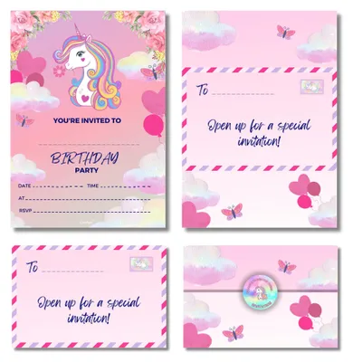 Produktbild von Einladungskarten Kindergeburtstag Einhorn, 24-32 Stück, mit Umschlägen, für Kinder