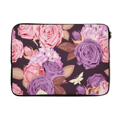 Produktbild von MuchoWow® Laptop Hülle 13 Zoll Blumen - Schmetterlinge - Lila - Rosa Laptoptasche - Laptophülle - Sleeve - Rundumschutz