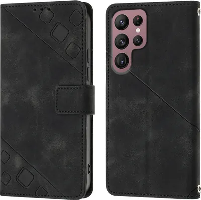 Produktbild von Hülle für Samsung Galaxy S22 Ultra 5G Prägung Flip Leder Brieftasche Schutzhülle mit Ständer Schwarz