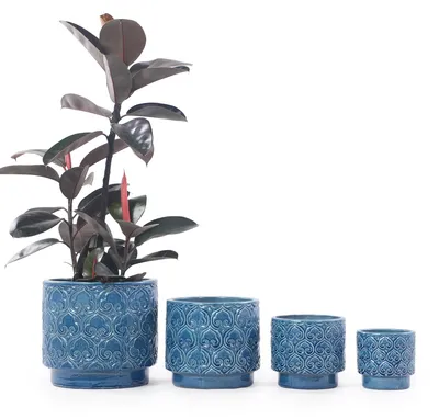 Produktbild von Handgefertigter Keramik Pflanztopf-Set 4-teilig (Ø38/31, 5/24/19 cm), glänzendes Blau mit rundem Herz-Schwung-Relief, atmungsaktiv, frostsicher