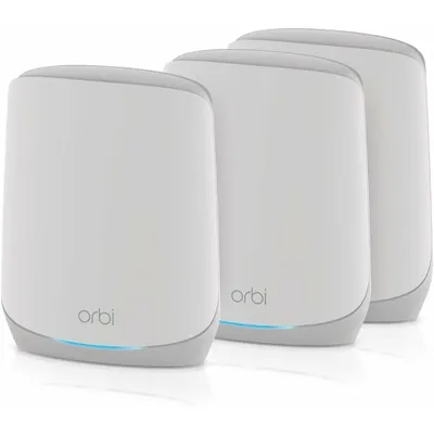 Three white Orbi routers are arranged in a diagonal line against a white background.