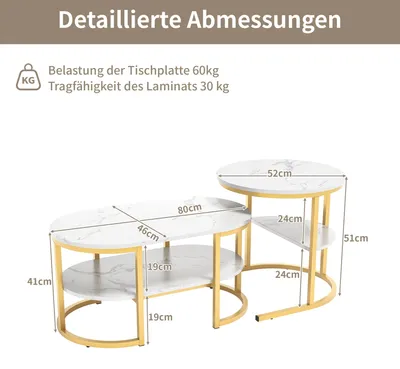 Obrázok produktu pre Sada dvoch konferenčných stolíkov – okrúhle stolíky – s úložným priestorom – zlatý kovový rám – biely MDF – výšky 41/51 cm