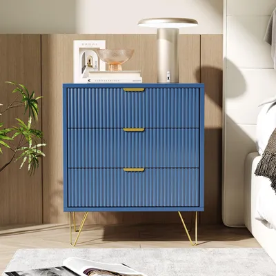 Produktbild von INONEFT Nachttisch mit 3 Schubladen, Nachtschrank mit Goldgriffen & Metallfüßen, Sofatisch Telefontisch Beistelltisch für Schlafzimmer, Wohnzimmer