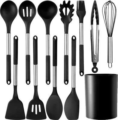 Produktbild von MODFU Küchenhelfer Set, 12-teiliges Silikon Kochutensilien Kochbesteck Set, Hitzebeständiger Kochgeschirr mit Utensilienhalter, Antihaft Kochset Küchenutensilien, Spülmaschinenfest - Schwarz