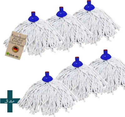 A group of mop heads arranged in a grid on a white background.