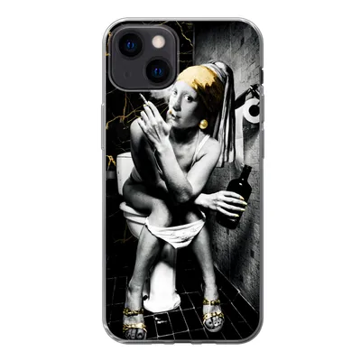 Produktbild von MuchoWow® Handyhülle Schutzhülle Hülle für iPhone 13 Marmoroptik - Mädchen mit Perlenohrring - Zigaretten - Toilette - Gold - Kunst - Alte Meister Silikon Softcase Handy Hülle - Karteninhaber
