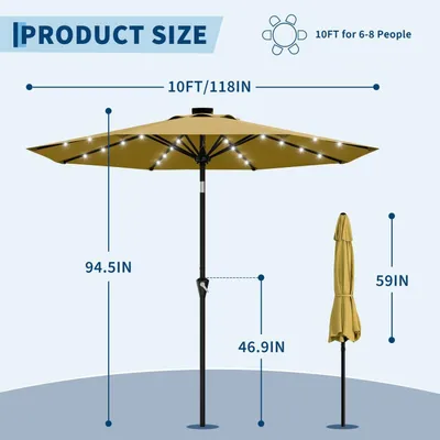 Immagine prodotto di Ombrellone da giardino solare - 300 cm - con illuminazione LED - meccanismo di inclinazione a manovella - 8 robusti supporti - colore giallo