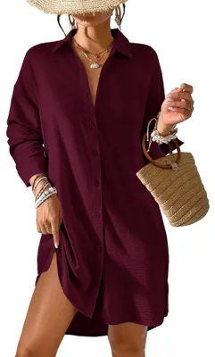 Productafbeelding van Tanmolo dames strandjurk, zomer, strandtuniek, omslagdoek, bordeauxrood, maat M