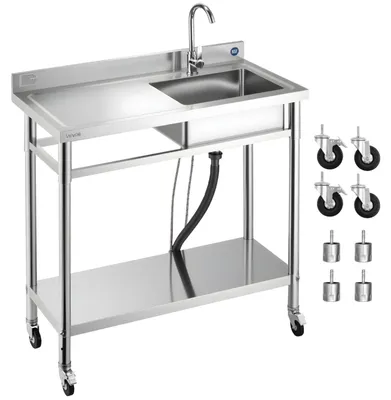 Productafbeelding van VEVOR Spoeltafel met spoelbak van roestvrij staal (1000 x 500 x 1055 mm), enkele spoelbak met kraan en wielen, keukenwerkblad voor garage, restaurant, wasserij, wastafel met buitenspoelbak en werkblad (links)