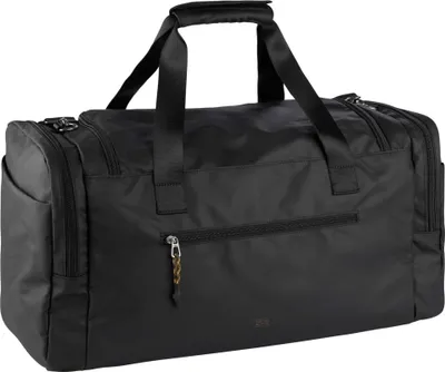 A black duffel bag is shown against a white background.