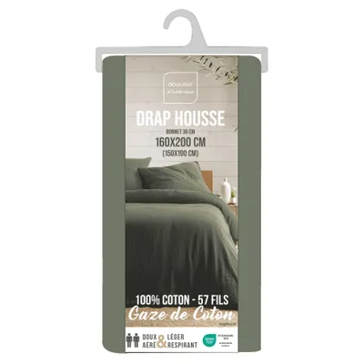 Product packaging for a fitted sheet, showing a folded sheet and product details.