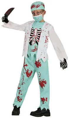 Produktbild von Zombie Skelett Arzt Kostüm Kinder 5-6 Jahre Halloween Blutige Chirurg Uniform