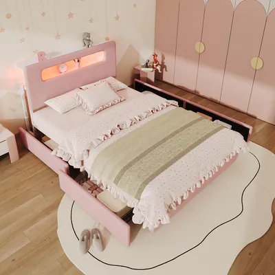 Obrázek produktu pro Postel Flieks, rozměr 140 x 200 cm, s čelem, dvojlůžko se zásuvkami, dětská postel s odkládací plochou a LED osvětlením, barva růžová, materiál: samet, překližka, MDF