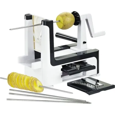 A potato spiralizer with a potato attached and sliced potatoes on skewers.
