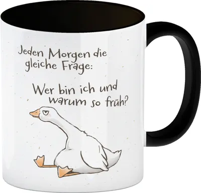Produktbild von Gilbert die Gans Kaffeebecher in schwarz mit Spruch Jeden Morgen die gleiche