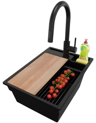 Produktbild von PRIMAGRAN Granitspüle Alles Schwarz 38x53cm, Spülbecken 1 Becken + Ablauf-Set + Küchenzubehörset, Küchenspüle ab 40er Unterschrank - Oslo Pocket