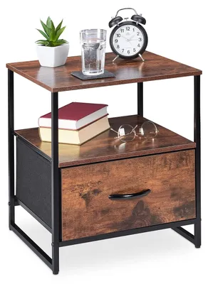 Productafbeelding van TRANKIELO® - Industrieel nachtkastje met lade en planken - Metaal & MDF, Zwart/Bruin, H50xB45xD40cm