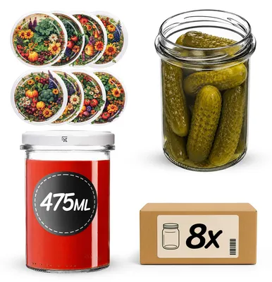 Produktbild von KADAX Einmachgläser 475ml mit Ø 82 mm Schraubdeckel, Marmeladengläser, Schraubgläser zum Einkochen, Einmachen und Aufbewahren von Marmelade & Honig(Gemüsegarten, 8 Stück)