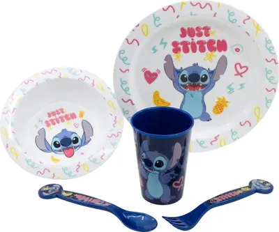 Produktbild von Disney Stitch Kinder Geschirr-Set 5 teilig Becher Teller Schüssel Besteck