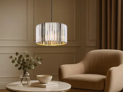 Produktbild von NOWA Hängeleuchte Metall Holzoptik, K5 Kristalle rauchfarben, Kabel Textil schwarz, ø: 350mm, H: 1200mm, exkl. 1x E27 60W 230V