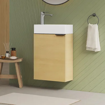 Produktbild von EMKE Waschbeckenunterschrank mit waschbecken 417×240×646 mm inkl. Armatur, Badmöbelset  Waschtischunterschrank verstellbarer Einlegeboden Eiche Natur