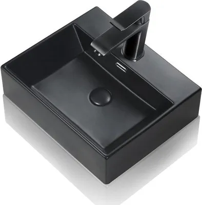 Immagine prodotto di Lavabo da bagno quadrato in Vetroceramica, nero opaco, 505 x 42 x 14 cm, con rubinetto e troppopieno