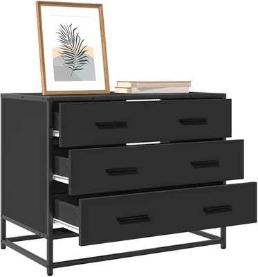 Produktbild von Schubladenschrank mit 3 Schubladen und Stabiler Stahlrahmen, Nachttisch für Schlafzimmer, Wohnzimmer, Flur, Schwarz 70x41x56 cm Holzwerkstoff