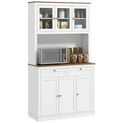 Image de HOMCOM Buffet haut cuisine, armoire de cuisine, vaisselier, 6 portes dont 3 en verre, 2 tiroirs, plan de travail, étagères réglables, meuble de rangement pour salon salle à manger, 100x40x180cm, blanc