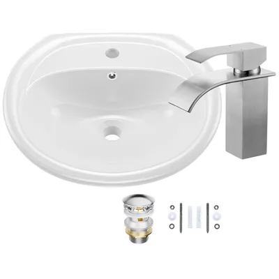 Produktbild von Waschbecken 57.5x45 cm mit Armatur Set, Keramik Hängewaschbecken halbrund, Cecipa MAX Badwaschbecken Wandmontage, Wasserfall Armatur pflegeleicht