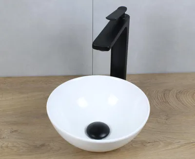Produktbild von Keramik Waschbecken rund Ø 280 x 116 weiß ohne Überlauf Aufsatzwaschbecken mit Pop-Up Ablauf schwarz-matt