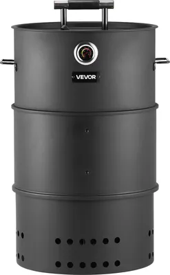 Immagine prodotto di Barbecue affumicatore a carbonella, affumicatore a carbonella con cilindro da 470 mm, barbecue da esterno in acciaio rivestito con 2 griglie, 1 asta appendiabiti, 6 ganci e termometro, ideale per cucinare in giardino durante le feste.
