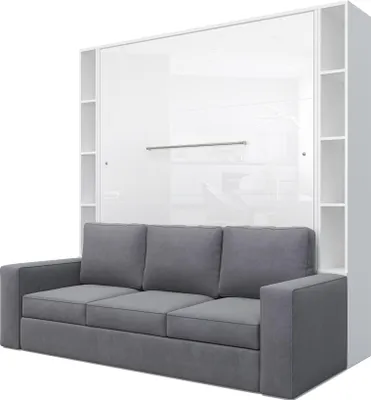 Zdjęcie produktu dla Półkotapczan pionowy "Invento 160V" (160x200) biały/biały połysk z regałami i sofą antracyt Milo 23