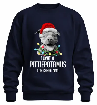 Productafbeelding van Ik wil een "Pittiepotamus" voor Kerstmis. Grappig sweatshirt met afbeelding van een pitbull met een kerstmuts. Uni, marineblauw, maat M