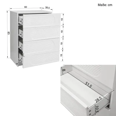 A white chest of drawers with four drawers, shown with dimensions and a close-up view of one drawer.
