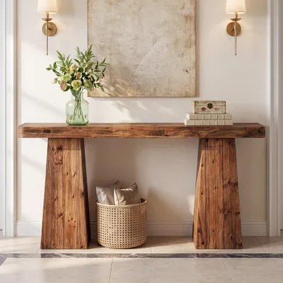 Productafbeelding van Console tafel van massief hout, 160 cm, salontafel voor achter de bank, landelijke stijl, smalle uitvoering, extra brede poten, ideaal voor de woonkamer, hal, of andere ruimtes