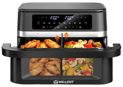 Obrázok produktu pre Fritovací hrn na horúci vzduch, objem 12 litrov, výkon 2950 W, dvojitý systém, rozsah teplôt 80-200 °C, časovač 0-60 minút