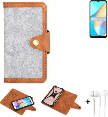 Produktbild von K-S-Trade Handyhülle + Kopfhörer kompatibel mit Blackview OSCAL C20 Schutzhülle Filz Hülle Kunstleder hellgrau braun (1x)