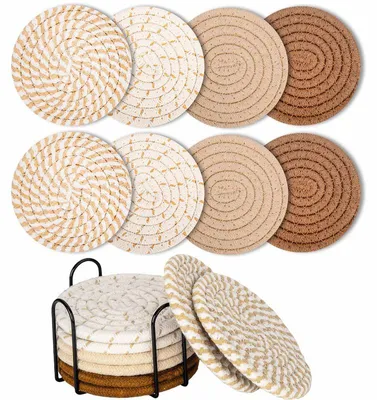 Produktbild von 8er-Set runde Glasuntersetzer aus Baumwolle mit Halter, rutschfest, Tischuntersetzer für Gläser, Tassen & Getränke, Gelb