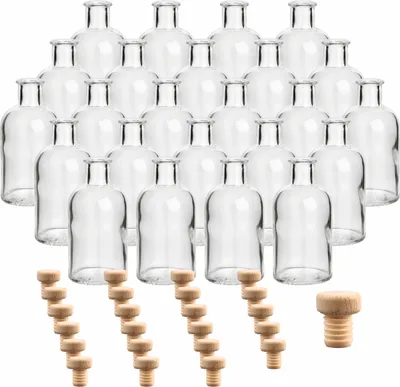 Produktbild von gouveo 24er Set Glasflaschen 100 ml Apotheker rund mit Korken (HGK) - Kleine 0,1 l Flasche aus Glas für Likör, Öl, Essig, Deko
